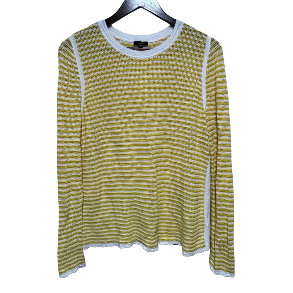 Talbots Sweater Womens L Yellow White Stripe Open Knit Long Sleeve Lightweight